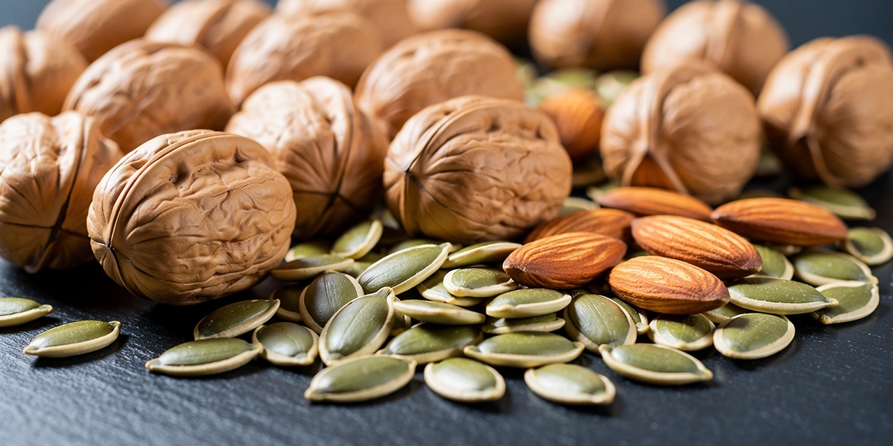 Detailaufnahme von Nüssen und Samen